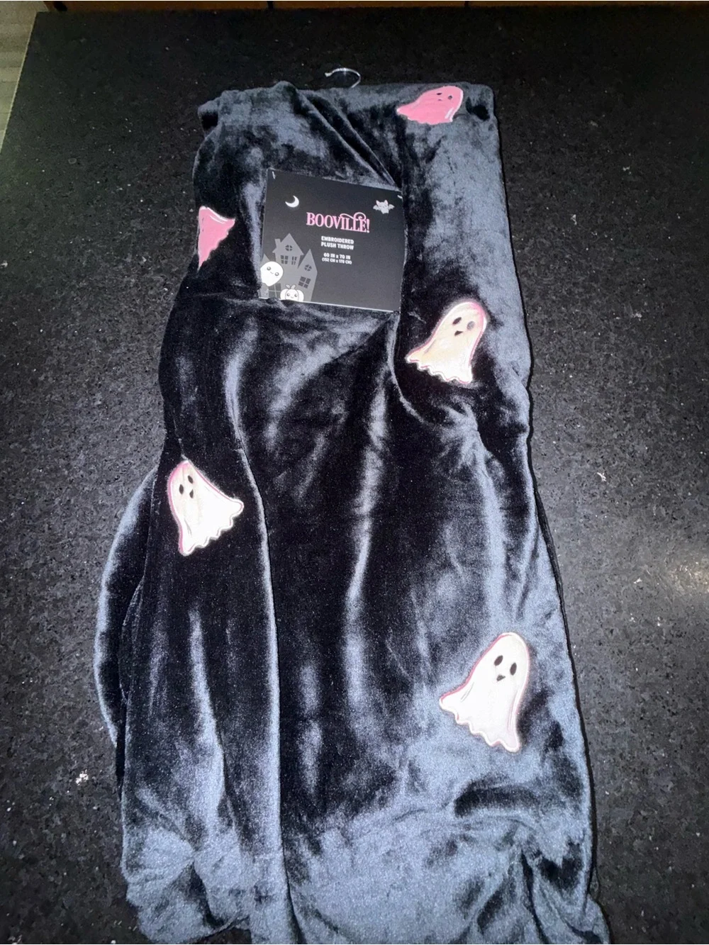 NEW BOOVILLE BLACK FUZZY EMBROIDERED PINK GHOST Plush 60x70” Throw Blanket NWT